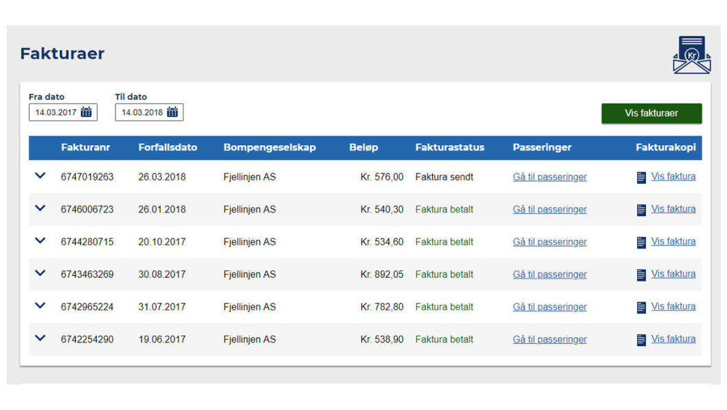OVERSIKT: På Autopass får du enkelt informasjon om alle fakturaer og passeringer. Skjermdump: Autopass OVERSIKT: På Autopass får du enkelt informasjon om alle fakturaer og passeringer. Skjermdump: Autopass
