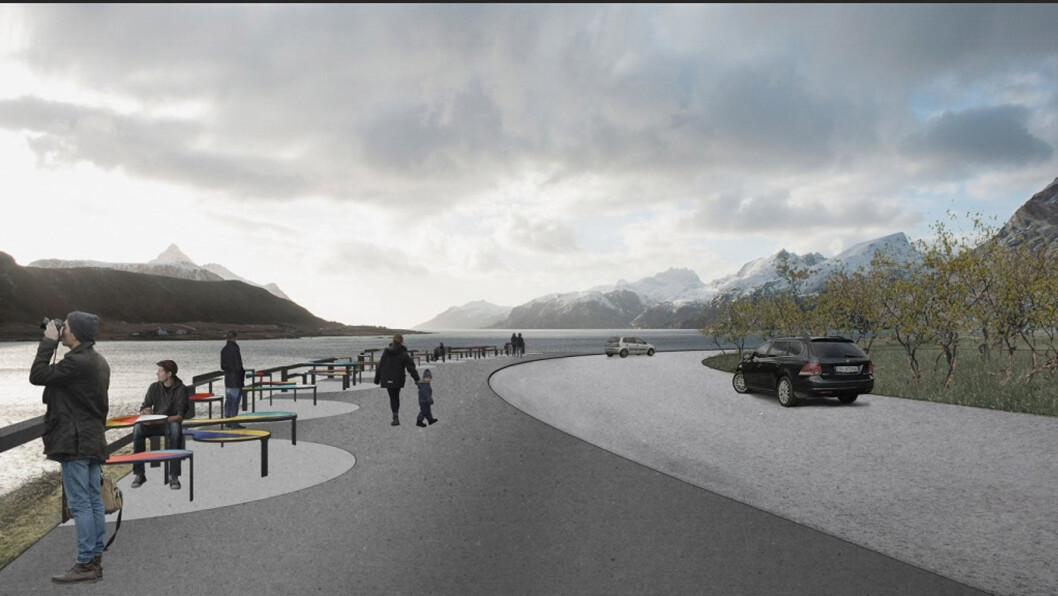 LOFOTEN: Etter en omfattende oppgradering framstår rasteplassen ved Skreda som ny. Gress og krattskog er ryddet bort og publikum kan igjen nyte det flotte landskapet. Arkitekt: manthey kula as. Illustrasjon: manthey kula as LOFOTEN: Etter en omfattende oppgradering framstår rasteplassen ved Skreda som ny. Gress og krattskog er ryddet bort og publikum kan igjen nyte det flotte landskapet. Arkitekt: manthey kula as. Illustrasjon: manthey kula as