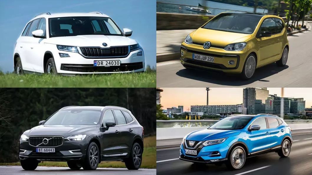 ØKER MEST: Her er fire av bilene som vil kunne øke mest i pris med den nye målesyklusen WLTP (fra oppe til høyre) – VW Up!, Nissan Qashqai, Volvo XC60 og Skoda Kodiaq.