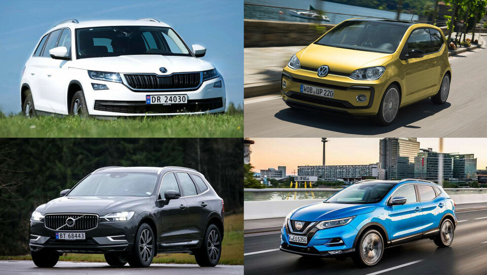 ØKER MEST: Her er fire av bilene som vil kunne øke mest i pris med den nye målesyklusen WLTP (fra oppe til høyre) – VW Up!, Nissan Qashqai, Volvo XC60 og Skoda Kodiaq.