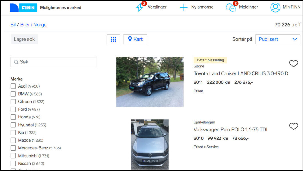 MARKEDSPLASS: Over 70.000 biler ligger ute for salg på Finn pr 10. juni. Foto: Skjermdump Finn MARKEDSPLASS: Over 70.000 biler ligger ute for salg på Finn pr 10. juni. Foto: Skjermdump Finn