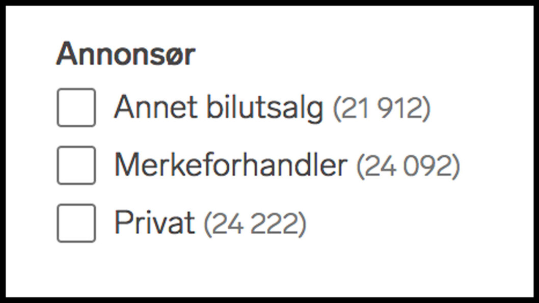 VIL ENDRE: Slik har Finn til nå gruppert bruktbiler for salg. Nå vil de også ha inn salg gjennom mellommann som egen gruppe. VIL ENDRE: Slik har Finn til nå gruppert bruktbiler for salg. Nå vil de også ha inn salg gjennom mellommann som egen gruppe.