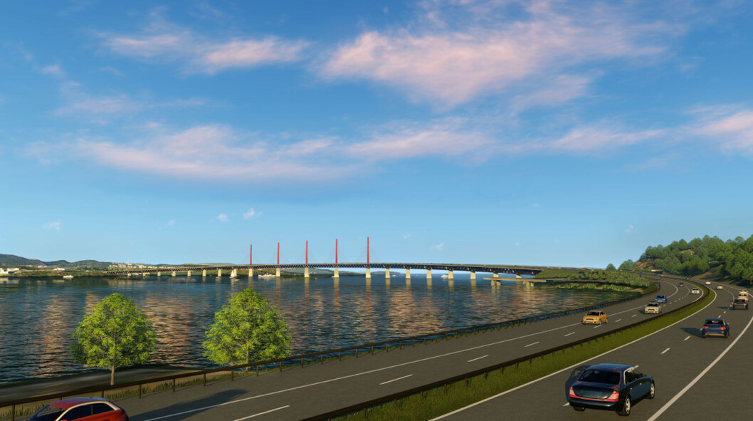 MJØSBRU I TRE: Slik kan en ny Mjøsbru bli seende ut – med utenlandsk treverk. Foto: Tegning laget for Statens vegvesen MJØSBRU I TRE: Slik kan en ny Mjøsbru bli seende ut – med utenlandsk treverk. Foto: Tegning laget for Statens vegvesen