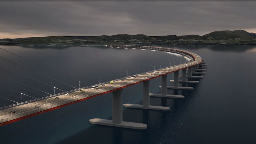FLYTEBRU: En slik bru kan bli bygget over Bjørnafjorden. Nå sjekker vegvesenet hvor mye bevegelse vi mennesker tåler ute på slike bruer. Foto: Illustrasjon fra Statens vegvesen FLYTEBRU: En slik bru kan bli bygget over Bjørnafjorden. Nå sjekker vegvesenet hvor mye bevegelse vi mennesker tåler ute på slike bruer. Foto: Illustrasjon fra Statens vegvesen