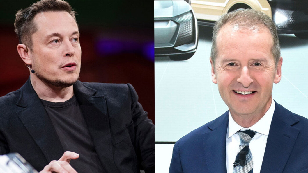 BILKONGER: Tesla-gründer Elon Musk (t.v.) og Volkswagens nye sjef Herbert Diess. BILKONGER: Tesla-gründer Elon Musk (t.v.) og Volkswagens nye sjef Herbert Diess.