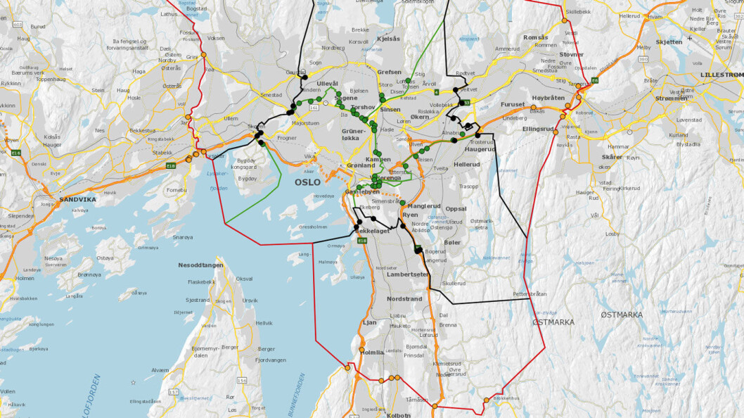TRE RINGER: Slik blir plasseringen av de totalt 84 bomstasjonene i Oslo. Den røde er ved kommunegrensen, den svarte er dagens ring, og den grønne er den nye indre ring. TRE RINGER: Slik blir plasseringen av de totalt 84 bomstasjonene i Oslo. Den røde er ved kommunegrensen, den svarte er dagens ring, og den grønne er den nye indre ring.