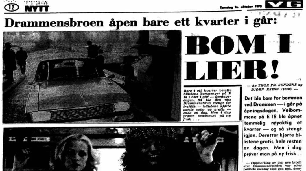 I 1975 åpnet Lierbommen. Noen år senere, i 1983, fortalte veimyndighetene at nye veier må finansieres med bompenger. (Faksimile fra VG i 1975 og 1983, under)