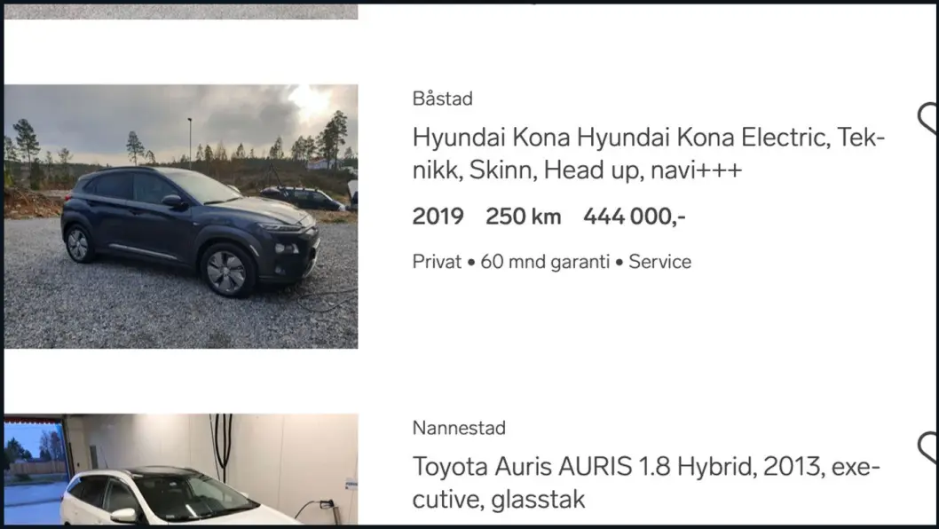 LANGT OVER LISTEPRIS: Akkurat nå ligger det to annonser for helt nye Hyundai Kona Electric på Finn.no. LANGT OVER LISTEPRIS: Akkurat nå ligger det to annonser for helt nye Hyundai Kona Electric på Finn.no.