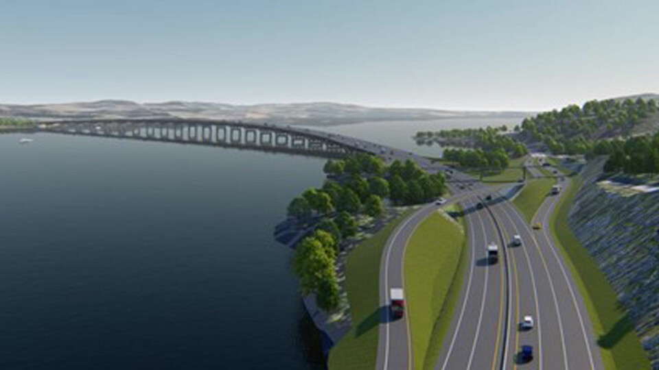 OVER MJØSA: Den nye Mjøsbrua i tre blir et landemerke på den nye firefeltsveien nordover fra Hamar. Foto: Illustrasjon fra nyeveier.no