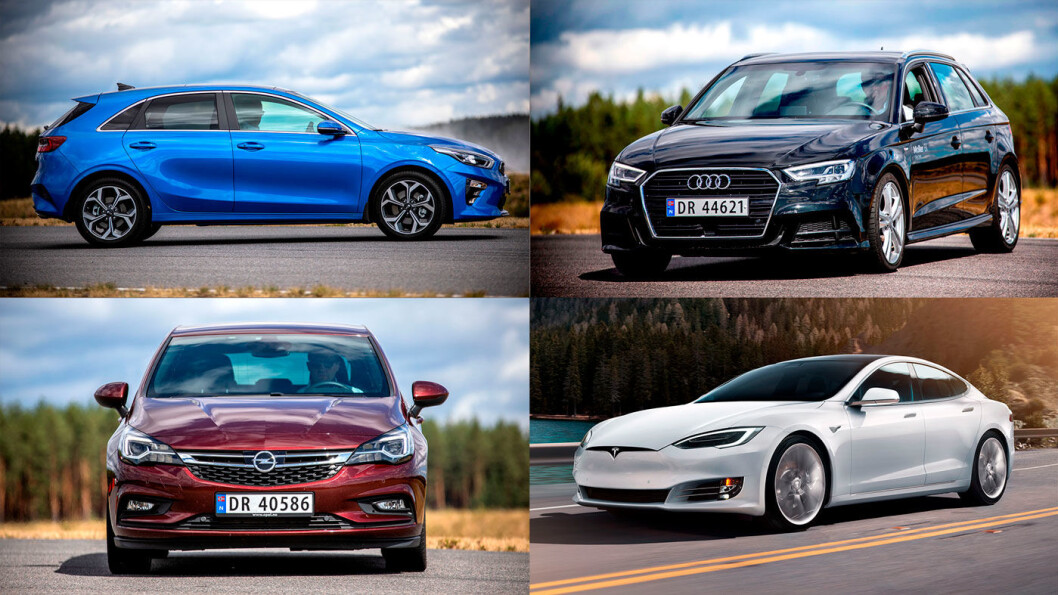 BLANDA LEASING-DROPS: Mens to av tre Audi'er (opp til høyre) er på leasing, har Tesla (nede til høyre) en leasingandel på bare tre prosent. Også Opel (nede til venstre) og Kia (oppe til venstre) ligger foreløpig lavt på leasingstatistikken. Foto: Tomm W. Christiansen og Tesla BLANDA LEASING-DROPS: Mens to av tre Audi'er (opp til høyre) er på leasing, har Tesla (nede til høyre) en leasingandel på bare tre prosent. Også Opel (nede til venstre) og Kia (oppe til venstre) ligger foreløpig lavt på leasingstatistikken. Foto: Tomm W. Christiansen og Tesla