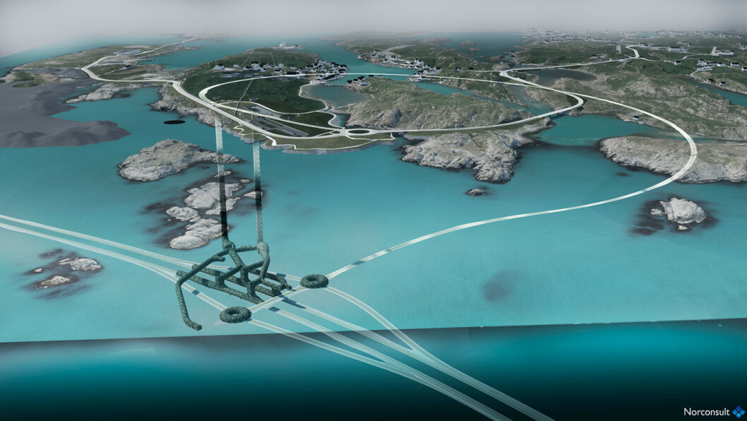 VEIKRYSS UNDER HAVET: 200 meter under havoverflaten, nordvest for Stavanger, bygges denne trafikkmaskinen. Smultringene er rundkjøringer, de mørke kanalene er luftekanaler, mens den lange armen er veien opp til Kvitsøy. Foto: Illustrasjon: Statens vegvesen VEIKRYSS UNDER HAVET: 200 meter under havoverflaten, nordvest for Stavanger, bygges denne trafikkmaskinen. Smultringene er rundkjøringer, de mørke kanalene er luftekanaler, mens den lange armen er veien opp til Kvitsøy. Foto: Illustrasjon: Statens vegvesen