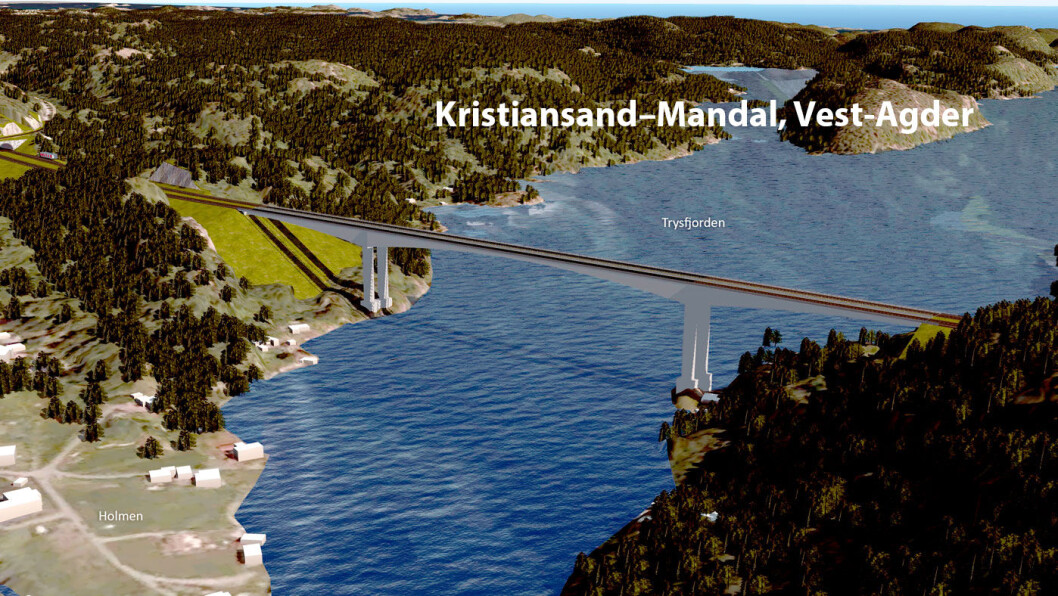 KRISTIANSAND – MANDAL: Det bygges blant annet bru over Trysfjorden i Søgne. Brua får en seilingshøyde på 60 meter. Illustrasjon: Sweco og Nye Veier KRISTIANSAND – MANDAL: Det bygges blant annet bru over Trysfjorden i Søgne. Brua får en seilingshøyde på 60 meter. Illustrasjon: Sweco og Nye Veier