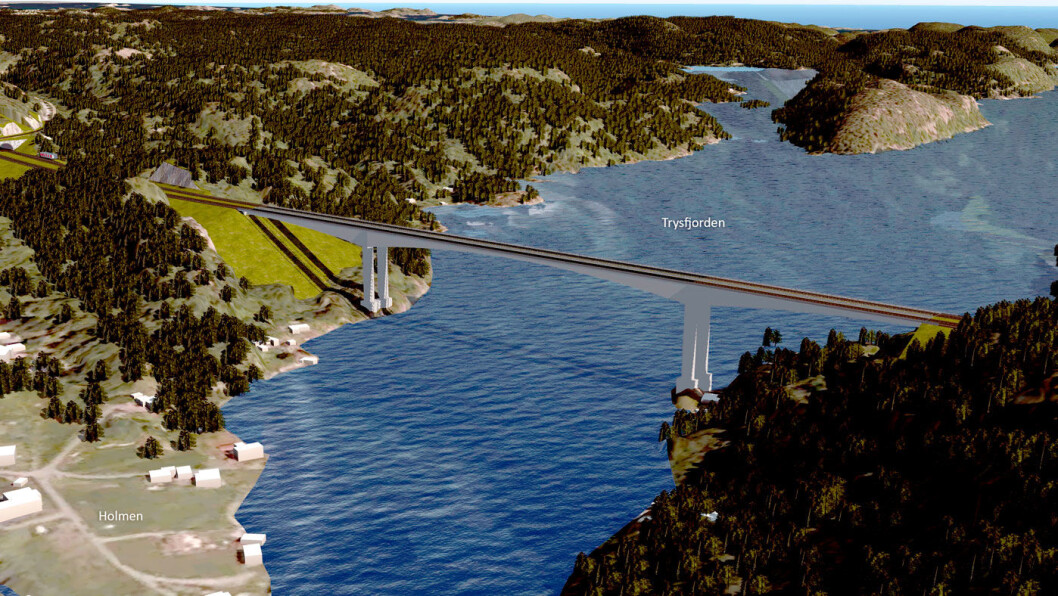 NY BRU: Brua over Trysfjorden i Søgne i Vest-Agder får en seilingshøyde på 60 meter, nesten dobbelt så høyt som Varoddbrua øst for Kristiansand. Foto: Illustrasjon: Sweco/Nye Veier NY BRU: Brua over Trysfjorden i Søgne i Vest-Agder får en seilingshøyde på 60 meter, nesten dobbelt så høyt som Varoddbrua øst for Kristiansand. Foto: Illustrasjon: Sweco/Nye Veier
