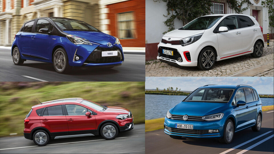 AVGIFTSHOPP: Fire av bilene som har fått høye avgiftsøkninger med ny testmetode – Toyota Yaris, Kia Picanto, VW Touran og Suzuki S-Cross (med klokka fra oppe til venstre).