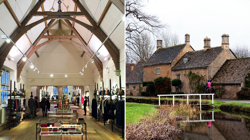TYPISK ENGELSK: Mulberry er et britisk luksusmerke med fabrikkutsalg i en gammel kirke (t.v.). Lower Slaughter (t.h.) er en av mange små, sjarmerende landsbyer. TYPISK ENGELSK: Mulberry er et britisk luksusmerke med fabrikkutsalg i en gammel kirke (t.v.). Lower Slaughter (t.h.) er en av mange små, sjarmerende landsbyer.