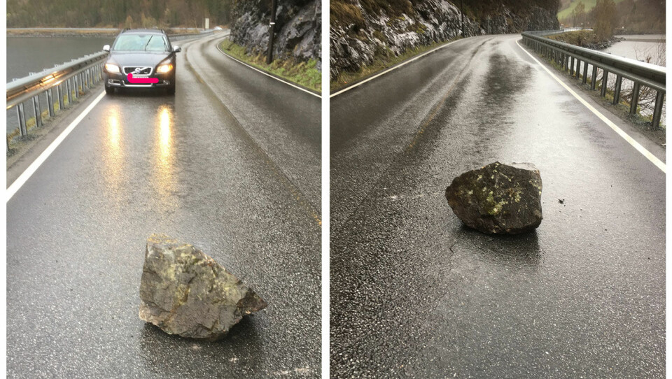 130 KG: Denne steinen raste ned på veibanen på E16 gjennom Valdres i forrige uke. Foto: Lars-Ådne Schlytter