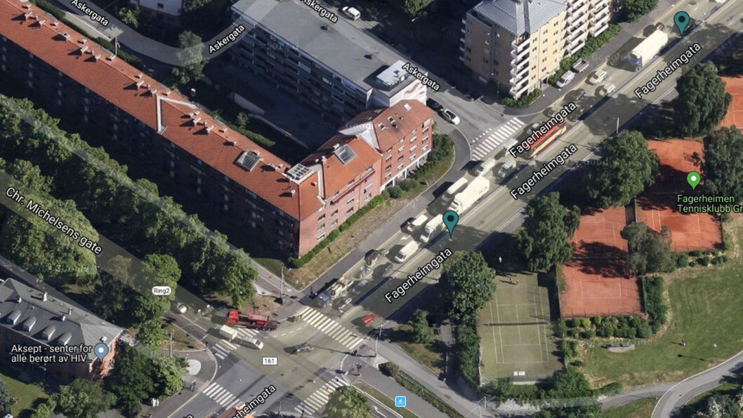 TO BOMMER: De to grønne merkene viser hvor de to bomstasjonene kommer i Fagerheimgata, som munner ut i Chr. Michelsens gate, som er en del av Ring 2. Foto: Skjermdump fra Fjellinjen.no TO BOMMER: De to grønne merkene viser hvor de to bomstasjonene kommer i Fagerheimgata, som munner ut i Chr. Michelsens gate, som er en del av Ring 2. Foto: Skjermdump fra Fjellinjen.no