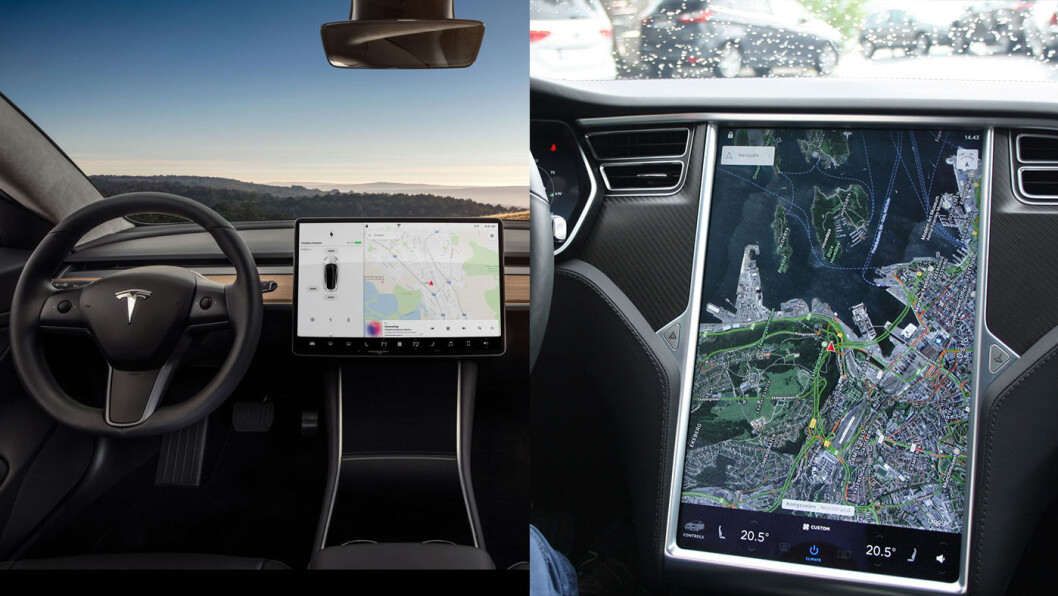 ENDRINGER PÅ GANG: Tesla Model S har ikke forandret seg mye på sju år, og mindre innvendig enn utvendig. Nå kommer det trolig store interiørmessige endringer. Her er interiøret på Model 3 til venstre, og et utsnitt av førermiljøet på Model S til høyre. ENDRINGER PÅ GANG: Tesla Model S har ikke forandret seg mye på sju år, og mindre innvendig enn utvendig. Nå kommer det trolig store interiørmessige endringer. Her er interiøret på Model 3 til venstre, og et utsnitt av førermiljøet på Model S til høyre.