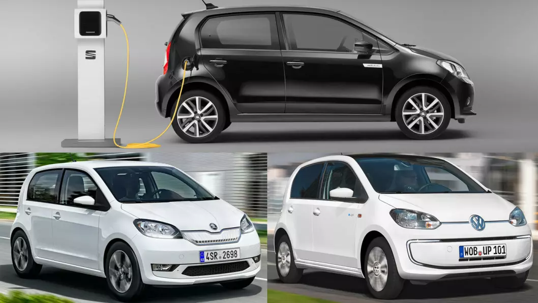 TRIPP, TRAPP, TRESKO: Skoda Citigo-e iV (nede t.v.), VW e-Up! og SEAT Mii electric (øverst).