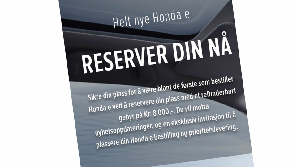 BOOKES NÅ: Honda e kan bestilles på en mobil. Foto: Skjermdump