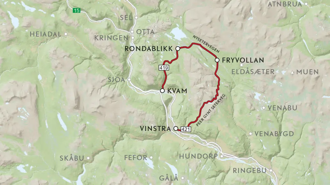 VEIFAKTA: På Vinstrasida, opp Sødorpbygda, kjører vi på FV421. Bomvei innover fjellet er ikke nummerert. Fra Rondablikk til Kvam følger vi FV419. Strekningen er ca. 50 km og kjøretiden er 1 time og 20 minutter ifølge NAF Ruteplanlegger. VEIFAKTA: På Vinstrasida, opp Sødorpbygda, kjører vi på FV421. Bomvei innover fjellet er ikke nummerert. Fra Rondablikk til Kvam følger vi FV419. Strekningen er ca. 50 km og kjøretiden er 1 time og 20 minutter ifølge NAF Ruteplanlegger.