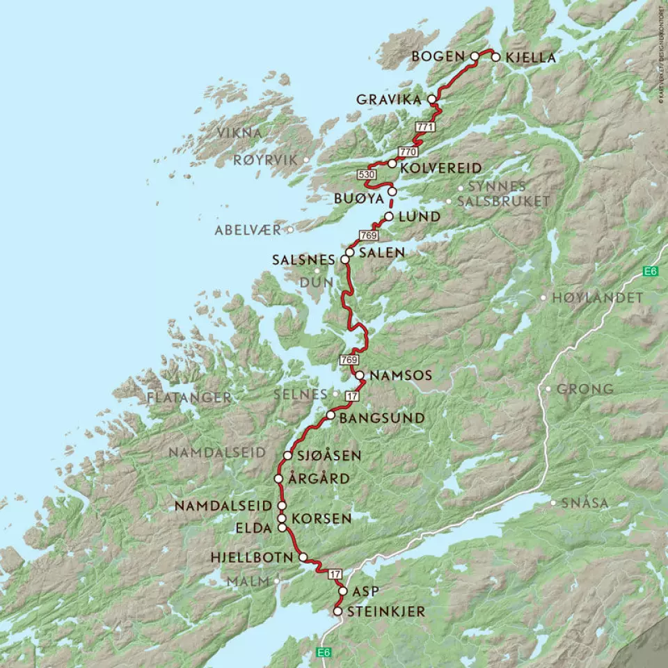 VEIFAKTA: Denne ruta starter fra E6 nord for Steinkjer og følger FV17 til Namsos. Derfra FV769 til Nærøy og så FV770 og 771 til Bindal kommune i Nordland. Den siste biten til Kjella og FV17 igjen går på FV802. Strekningen mellom Steinkjer og Kjella langs denne ruta er ca. 186 km og kjøretiden er 3 timer og 34 minutter, ikke inkludert fergeturen ifølge NAF Ruteplanlegger.