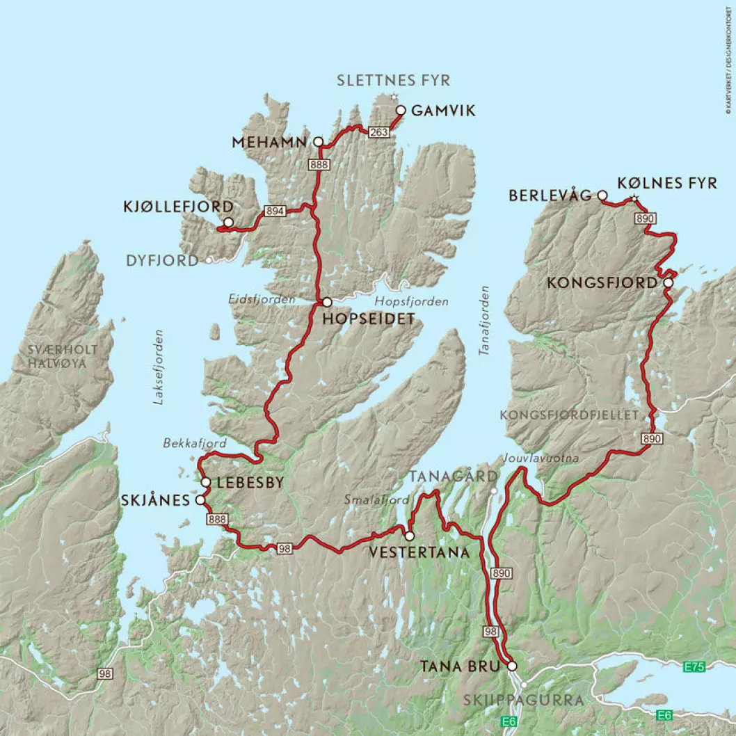 VEIFAKTA: Denne ruta følger FV894 fra Kjøllefjord til FV888 til Mehamn, også FV263 til Mehamn. Deretter tilbake på FV888 til Ifjord og FV98 til Tana Bru. Videre følges FV890 til Berlevåg. Strekningen er ca. 395 km og kjøretiden er 6 timer og 30 minutter ifølge NAF Ruteplanlegger.