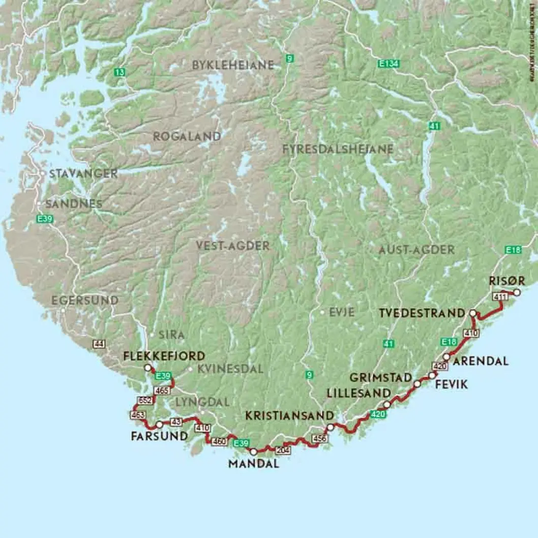 VEIFAKTA: Denne ruta følger en lang rekke mindre fylkesveier ytterst mot kysten mellom Risør og Flekkefjord i Aust og Vest-Agder. Strekningen uten avstikkere er ca. 400 km og netto kjøretid er ca. 8 timer og 20 minutter ifølge NAF Ruteplanlegger. VEIFAKTA: Denne ruta følger en lang rekke mindre fylkesveier ytterst mot kysten mellom Risør og Flekkefjord i Aust og Vest-Agder. Strekningen uten avstikkere er ca. 400 km og netto kjøretid er ca. 8 timer og 20 minutter ifølge NAF Ruteplanlegger.