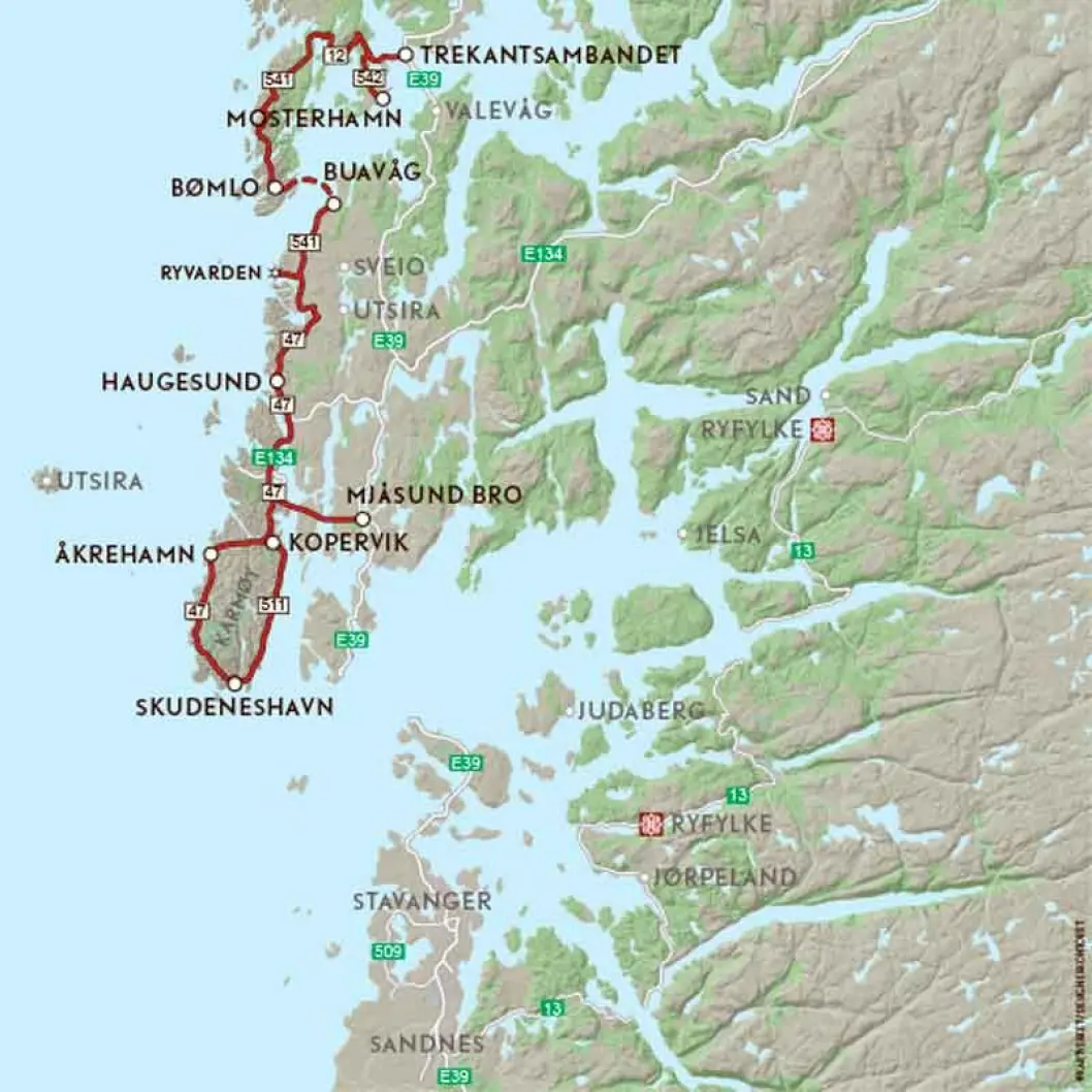 VEIFAKTA: Fra E39 ved Mjåsundbrua – FV47 Skudeneshavn – RV511 til Kopervik. Derfra FV47 til E134, og E134/FV47 til Haugesund. FV47 gjennom Haugesund til avkjøringen til FV541 og ferga Buavåg-Langevåg/FV541. 541 og 542 til E39 ved Trekantsambandet. Strekningen er ca. 146 kilometer og kjøretiden 3 timer og 22 minutter ifølge NAF Ruteplanlegger. VEIFAKTA: Fra E39 ved Mjåsundbrua – FV47 Skudeneshavn – RV511 til Kopervik. Derfra FV47 til E134, og E134/FV47 til Haugesund. FV47 gjennom Haugesund til avkjøringen til FV541 og ferga Buavåg-Langevåg/FV541. 541 og 542 til E39 ved Trekantsambandet. Strekningen er ca. 146 kilometer og kjøretiden 3 timer og 22 minutter ifølge NAF Ruteplanlegger.