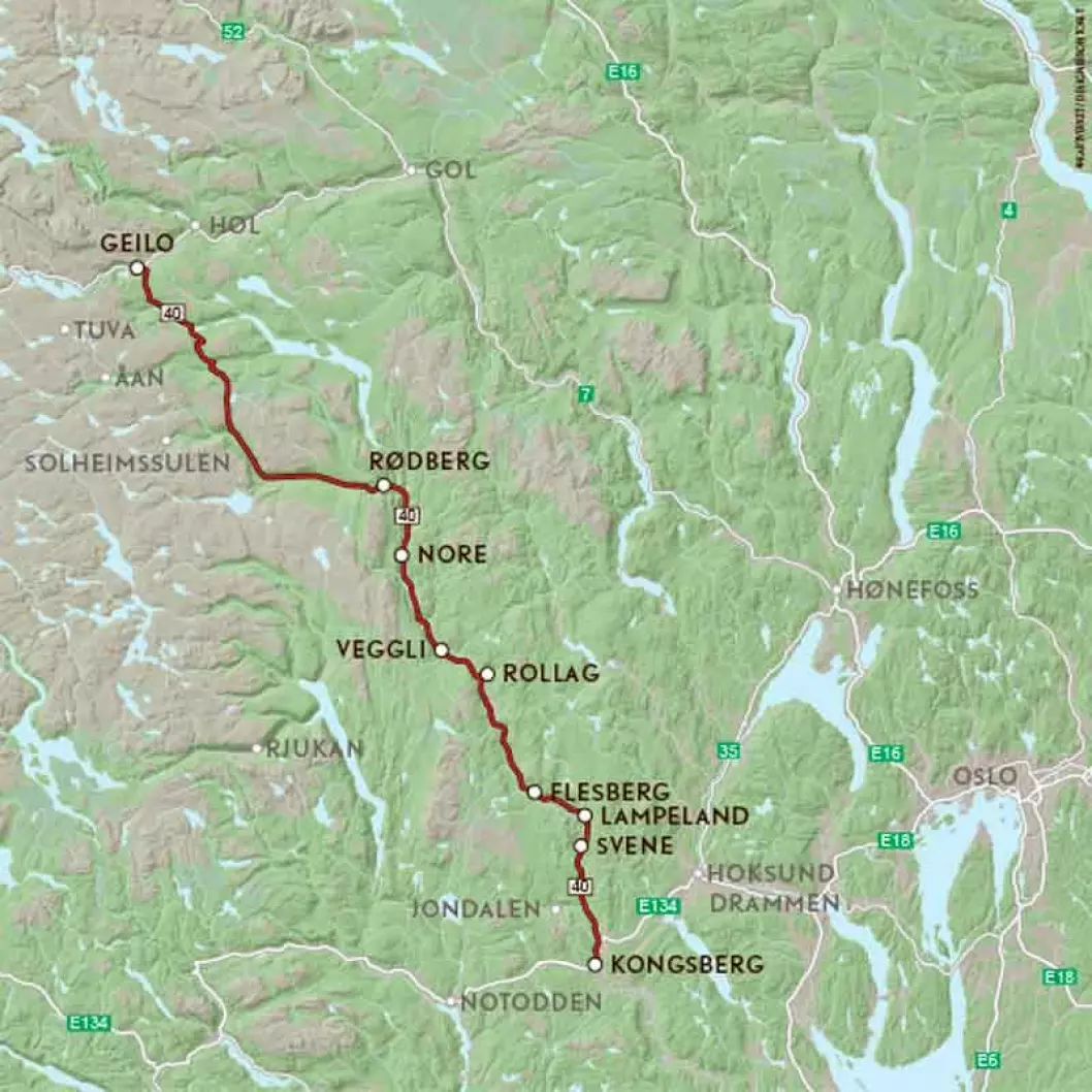 VEIFAKTA: Skal du fra Oslo til Geilo er korteste og raskeste vei langs RV7 gjennom Hallingdal, 219 km og 3 t og 14 min ifølge NAF ruteplanlegger. Veien gjennom Numedal, FV40 er 243 km og tar 3 t og 40 minutter. Denne ruta er en del av denne omveien og starter på Kongsberg og følger FV40 nordover til Geilo. Strekningen er ca. 160 kilometer og kjøretiden er 2 timer og 28 minutter ifølge NAF Ruteplanlegger.