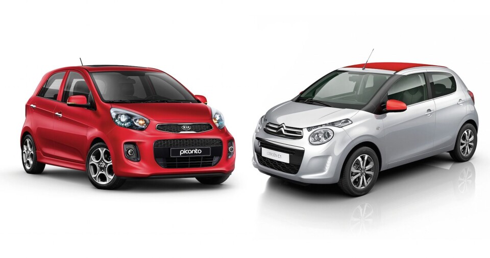 NORGES BILLIGSTE: Kia Picanto har litt bedre plass, mens Citroen C1 er litt mer komfortabel. Det er den største forskjellen mellom Norges to billigste biler. Foto: Produsentene