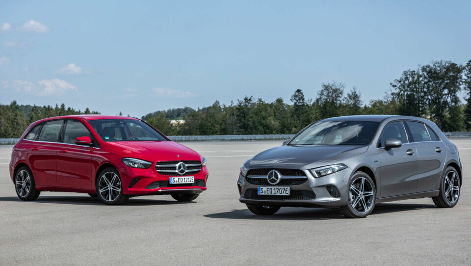 MER ENERGI: Mercedes A-klasse og den litt større B-klasse kommer nå som ladbare hybrider – som ganske sikkert vil løfte salget for de to minste modellene til merket. Foto: Daimler
