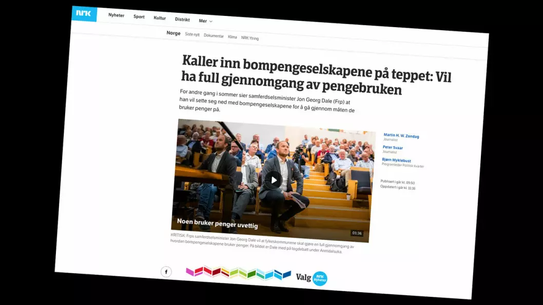 FEIL TALL? Faktisk.no hevder NRK regner feil i sin rapportering om økte kostnader i bompengebyråkratiet. Foto: Faksimile fra nrk.no