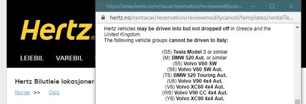 PÅ ENGELSK: Hertz sine leiebilvilkår står kun på engelsk. Skjermdump PÅ ENGELSK: Hertz sine leiebilvilkår står kun på engelsk. Skjermdump