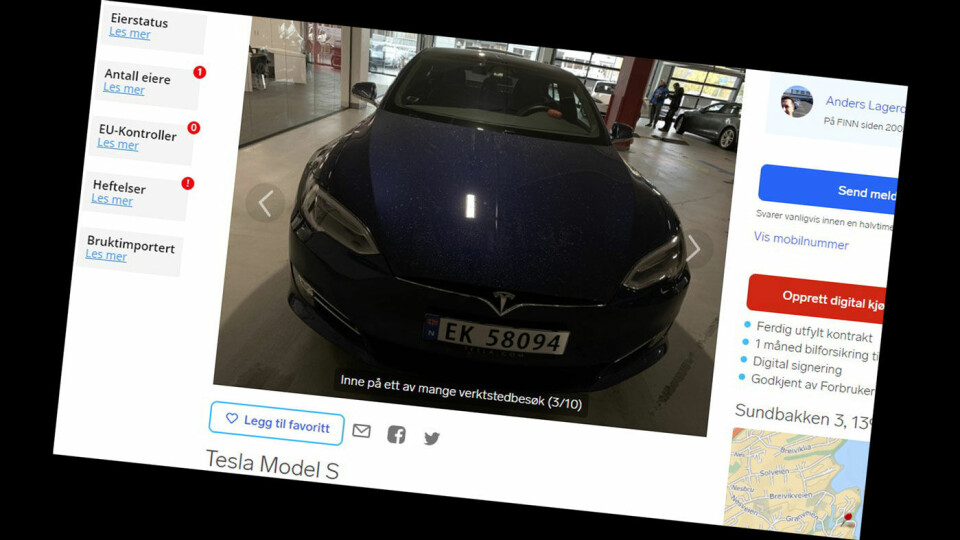 ÆRLIG: Ærlighet varer lengst, heter det. Men Teslaen til Anders er fortsatt for salg – selv om annonsen er klikket på 100 000 ganger. Foto: Faksimile Finn