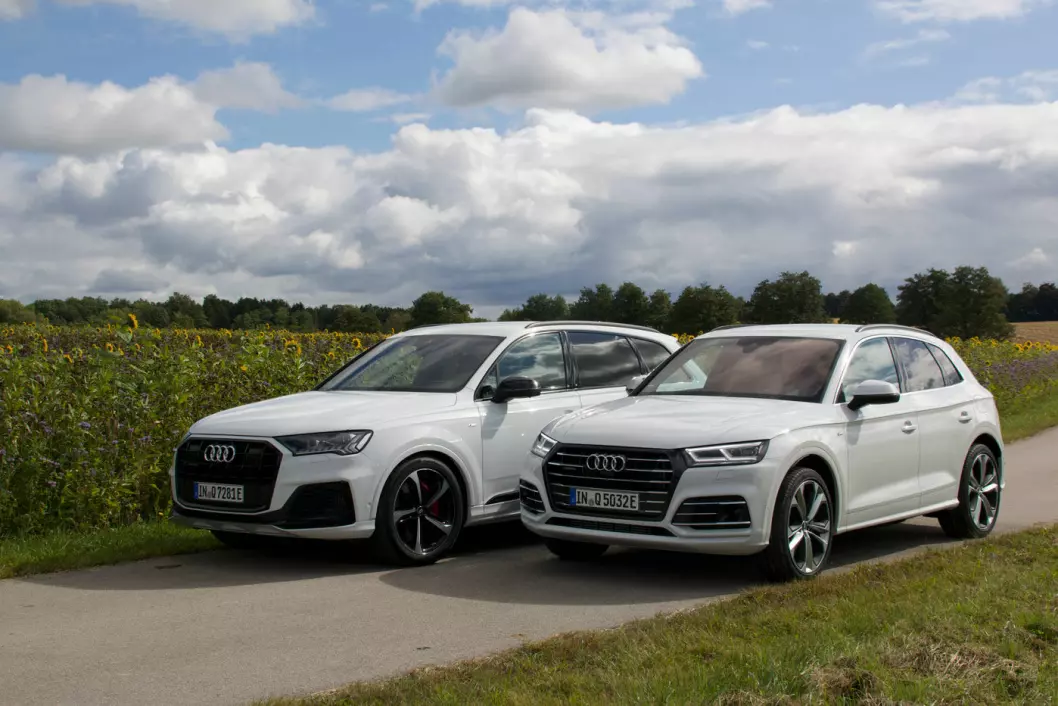 ELEGANSE OG VERDIGHET: Med oppdaterte, ladbare versjoner av Q7 og Q5 (t.h.) begynner Audi for alvor opptrappingen av sin elektriske produksjon. De skal ha 30 elektriske biler innen 2025. Foto: Peter Raaum