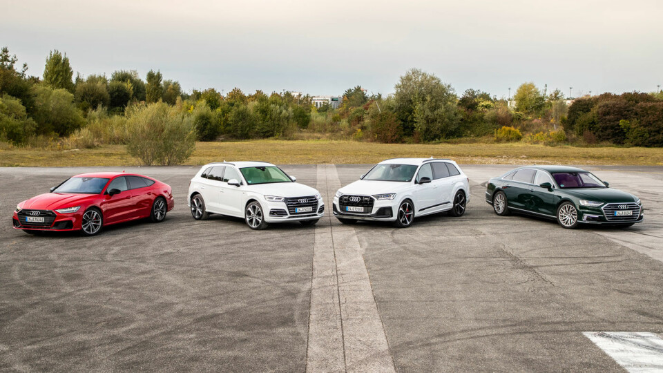 UTVIDER: Audis fire nye ladehybrider, A7, Q5, Q7 og A8 (t.h.).