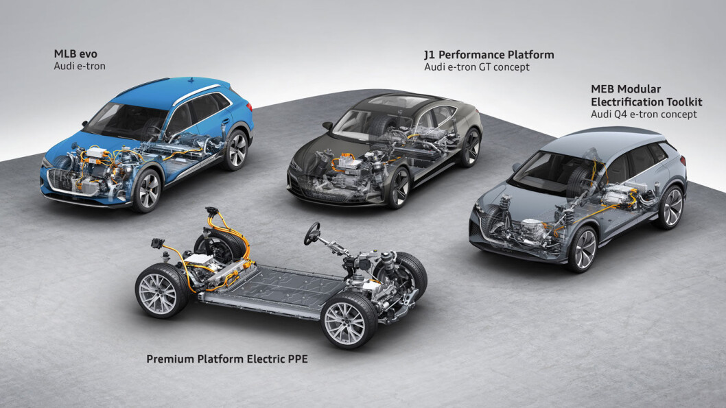 FIRE PLATTFORMER: Her er de fire plattformene som Audis elektriske biler skal bygges på. e-tron ble laget på MLB evo, Q4 og de øvrige volummodellene kommer på MEB, mens J1 og PPE er øremerket modellene i luksussegmentet. FIRE PLATTFORMER: Her er de fire plattformene som Audis elektriske biler skal bygges på. e-tron ble laget på MLB evo, Q4 og de øvrige volummodellene kommer på MEB, mens J1 og PPE er øremerket modellene i luksussegmentet.