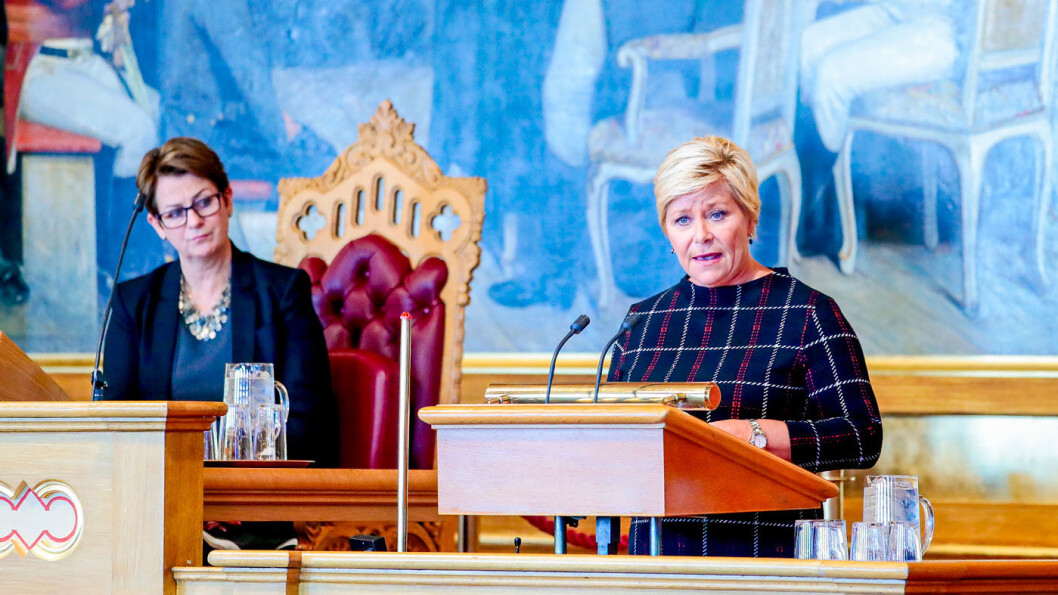 2020-TALLENE: Finansminister Siv Jensen under finanstalen i Stortinget. Foto: Håkon Mosvold Larsen, NTB / scanpix 2020-TALLENE: Finansminister Siv Jensen under finanstalen i Stortinget. Foto: Håkon Mosvold Larsen, NTB / scanpix
