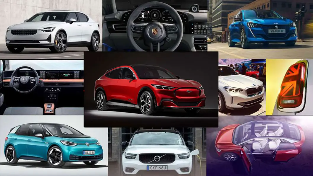 BESTSELGER-TIPS: Rundt Fords Mustang Mach-e finner du VW ID.3 (fra venstre nede), Honda e, Polestar 2, Porsche Taycan, Peugeot e-208, Mini Cooper SE, BMW iX3, VW ID.4 og Volvo XC40. BESTSELGER-TIPS: Rundt Fords Mustang Mach-e finner du VW ID.3 (fra venstre nede), Honda e, Polestar 2, Porsche Taycan, Peugeot e-208, Mini Cooper SE, BMW iX3, VW ID.4 og Volvo XC40.