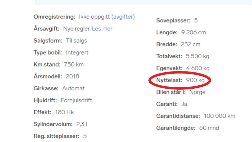 900 KG: I Finn-annonsen var selgeren tydelig på at bobilen har 900 kg nyttelast. Faksimile fra Finn 900 KG: I Finn-annonsen var selgeren tydelig på at bobilen har 900 kg nyttelast. Faksimile fra Finn