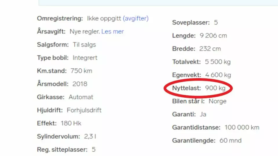 900 KG: I Finn-annonsen var selgeren tydelig på at bobilen har 900 kg nyttelast. Faksimile fra Finn