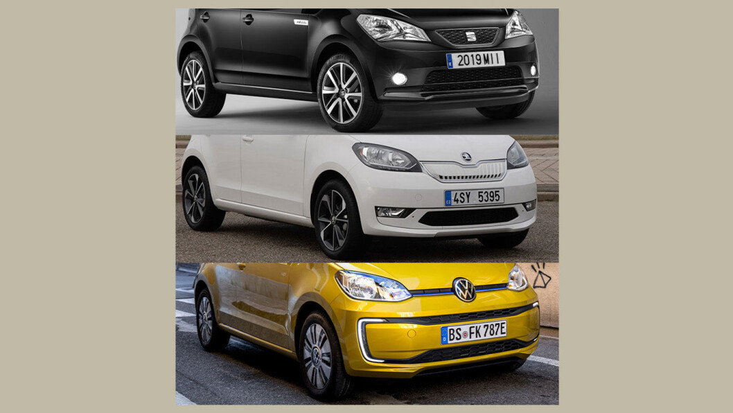 NESTEN IDENTISKE: De tre helelektriske trillingene Seat Mii (øverst), Skoda Citigo og VW e-up! Forskjellen sitter i grillen. NESTEN IDENTISKE: De tre helelektriske trillingene Seat Mii (øverst), Skoda Citigo og VW e-up! Forskjellen sitter i grillen.