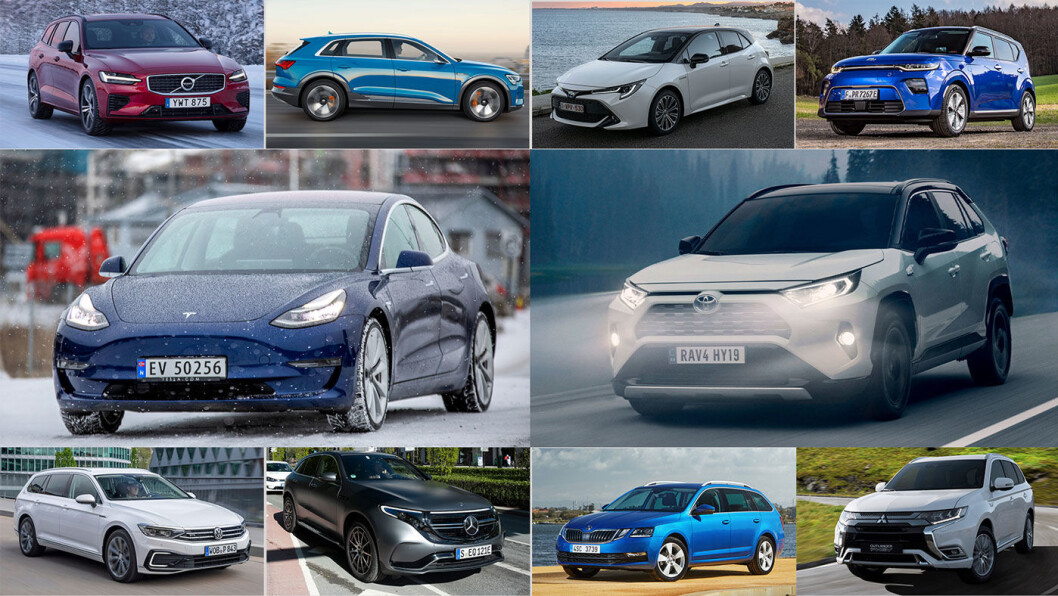 TOPP 10: Volvo V60 (øverst til venstre), Audi e-tron, Toyota Corolla, Kia e-Soul, Tesla Model 3 (midterste rekke til venstre), Toyota RAV4, VW Passat GTE (nederste rekke fra venstre), Mercedes EQC, Skoda Octavia og Mitsubishi Outlander. TOPP 10: Volvo V60 (øverst til venstre), Audi e-tron, Toyota Corolla, Kia e-Soul, Tesla Model 3 (midterste rekke til venstre), Toyota RAV4, VW Passat GTE (nederste rekke fra venstre), Mercedes EQC, Skoda Octavia og Mitsubishi Outlander.