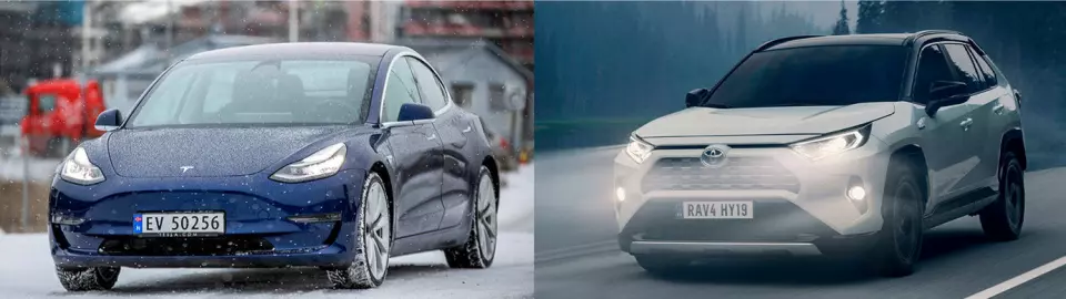 STORSELGERNE: Tesla Model 3 og Toyota RAV4.