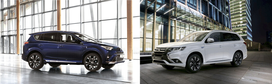 SUPER-SUV-ER: Ikke uten grunn er Toyota Rav4 Hybrid 2016 og Mitsubishi Outlander PHEV blant Norges mest solgte biler. Her møtes de til duell. Foto: Produsentene SUPER-SUV-ER: Ikke uten grunn er Toyota Rav4 Hybrid 2016 og Mitsubishi Outlander PHEV blant Norges mest solgte biler. Her møtes de til duell. Foto: Produsentene