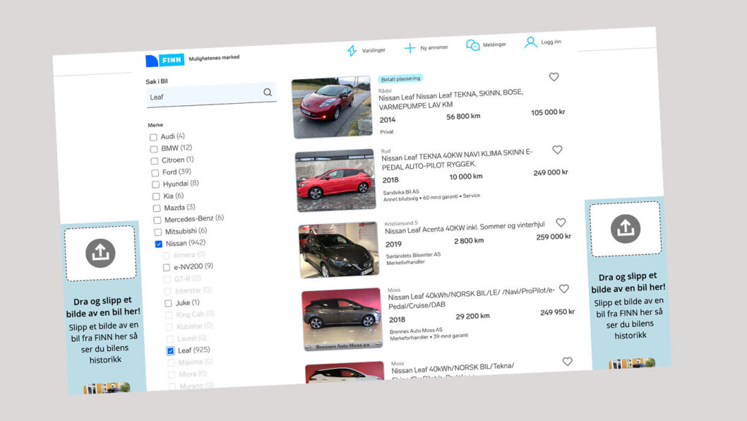 LEAF: Hele 925 Nissan Leaf, i alle prisklasser, var til salgs på Finn.no lille julaften ettermiddag. Foto: Faksimile fra Finn.no LEAF: Hele 925 Nissan Leaf, i alle prisklasser, var til salgs på Finn.no lille julaften ettermiddag. Foto: Faksimile fra Finn.no