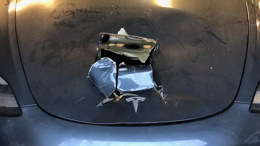 HUGGET OPP: Med ca. 10 velrettede øksehugg klarte Tesla-eieren å komme seg ned til oppbevaringsrommet, og få fjernet skalldyrene. Foto: Privat