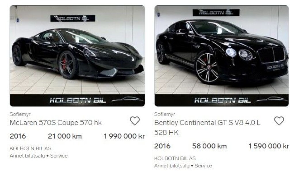 LUKSUSBILER: Kolbotn Bil har nå 82 biler for salg. Blant annet disse to; en McLaren og en Bentley. Foto: Skjermdump fra Finn.no LUKSUSBILER: Kolbotn Bil har nå 82 biler for salg. Blant annet disse to; en McLaren og en Bentley. Foto: Skjermdump fra Finn.no