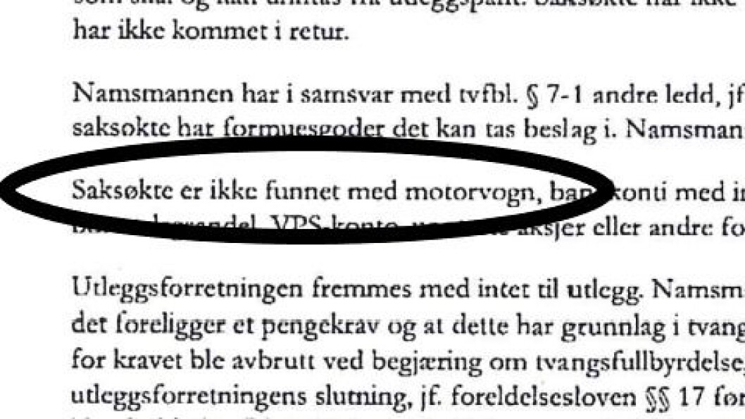 «INGEN MOTORVOGN»: Kolbotn Bil har de siste fem årene solgt biler for 139 millioner kroner. Likevel er det ikke funnet noen motorvogn, ifølge namsmannen. Foto: Skjermdump fra namsmannens brev. «INGEN MOTORVOGN»: Kolbotn Bil har de siste fem årene solgt biler for 139 millioner kroner. Likevel er det ikke funnet noen motorvogn, ifølge namsmannen. Foto: Skjermdump fra namsmannens brev.